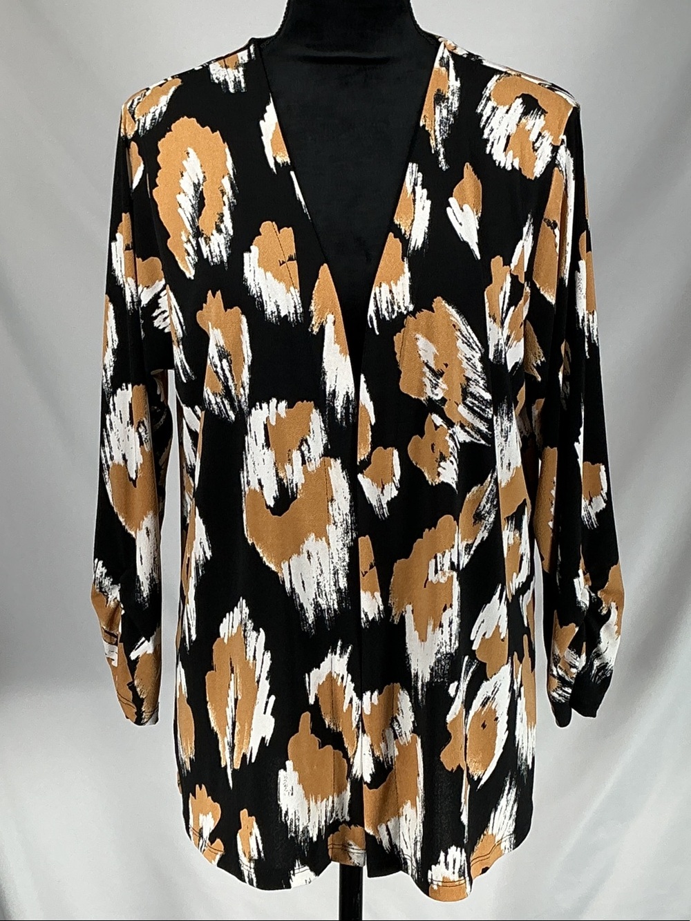 IMAN Global Chic Abstract Animal Print Open Front Cardigan Ruched 3/4 Sleeve L